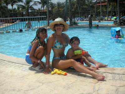 [With her kids in pool]